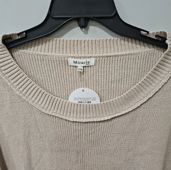 NWT Womens Miracle Beige Round Ribbed Neck Sweater Small Medium Oversized - Picture 5 of 5